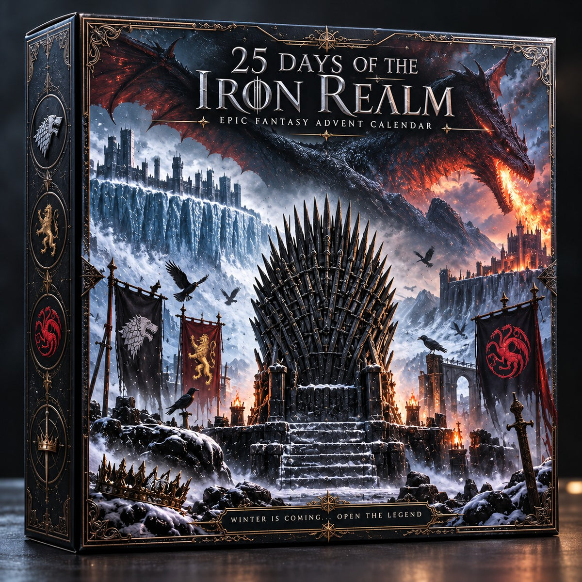 25 Days of the Iron Realm advent calendar box front – throne in the snow and fire-breathing dragon