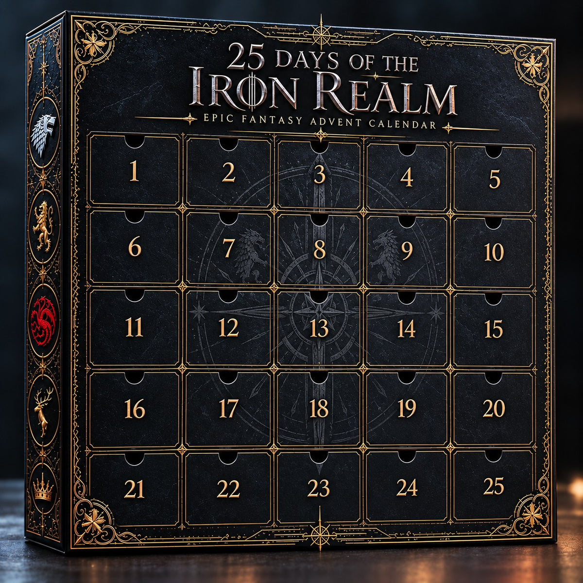 Black and gold advent calendar with 25 numbered doors