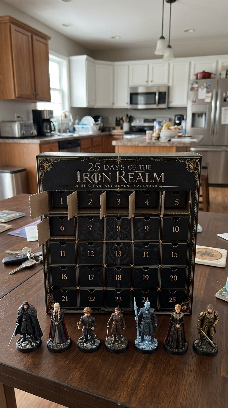Advent calendar with open doors and miniatures lined up on a kitchen table
