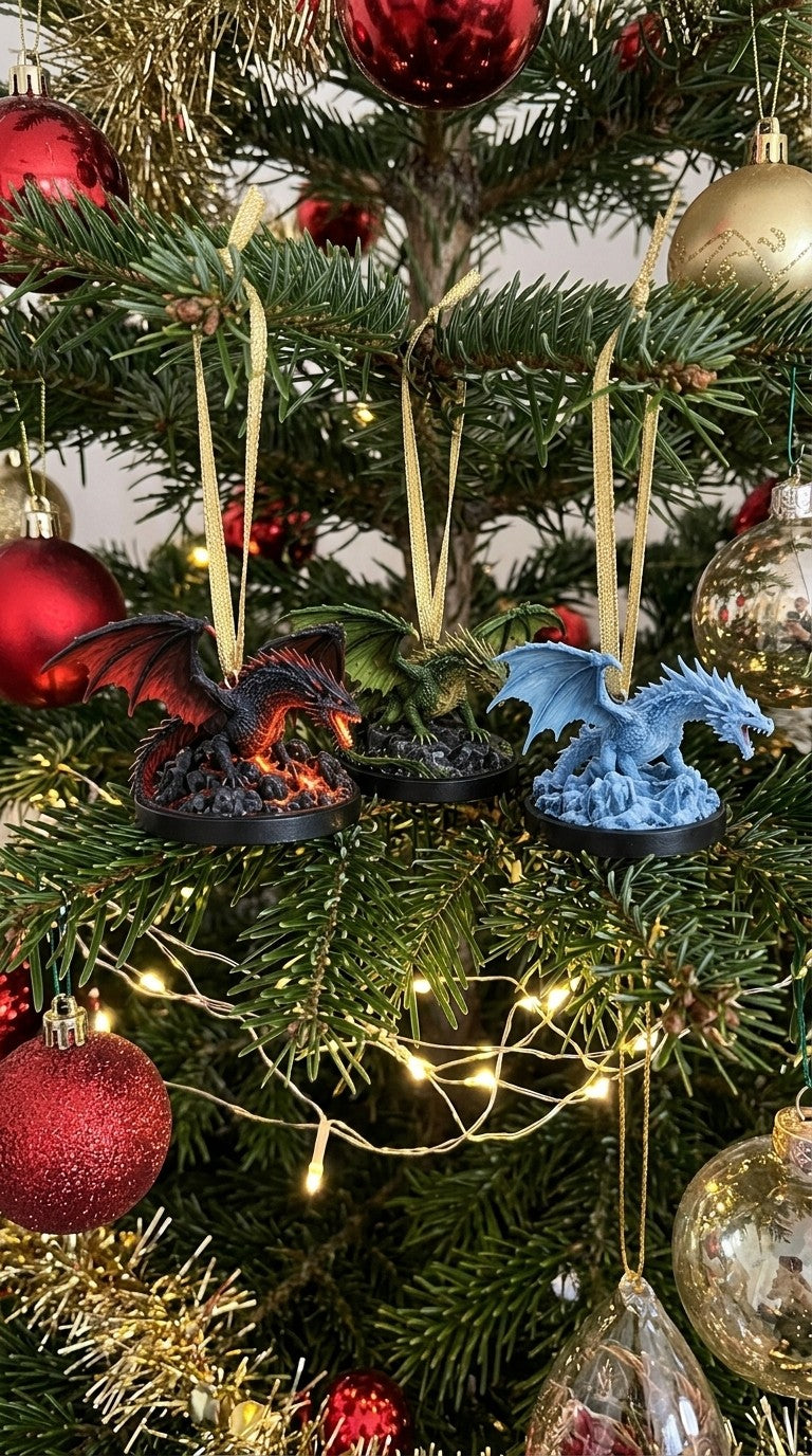 Dragon miniatures hanging as ornaments on a Christmas tree