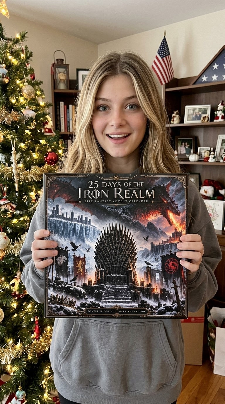 Smiling fan holding the Iron Realm advent calendar by the Christmas tree