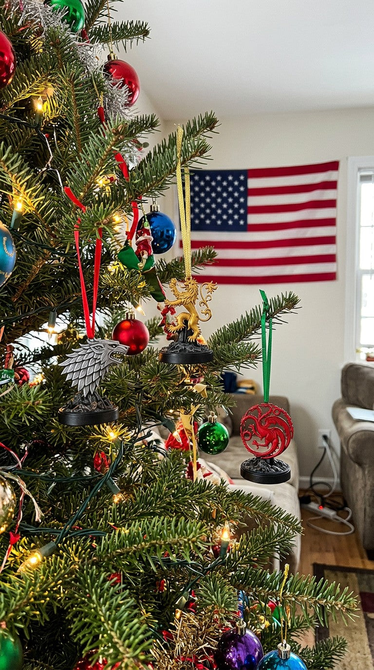 House banner miniatures decorating a Christmas tree